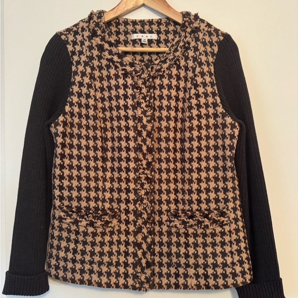 CAbi Blush and Charcoal Houndstooth Mixer Sweater Jacket